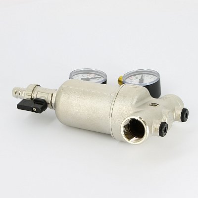 Фильтр промывной Uni-Fitt ВВ 3/4" со сливным шаровым краном и 2 манометрами, 300 мкм, никелированный